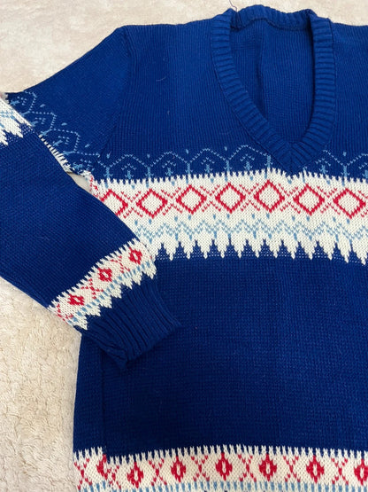 Pull vintage col V - Motifs jacquard