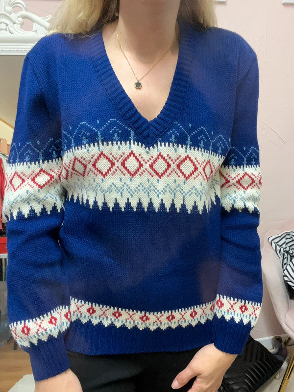 Pull vintage col V - Motifs jacquard