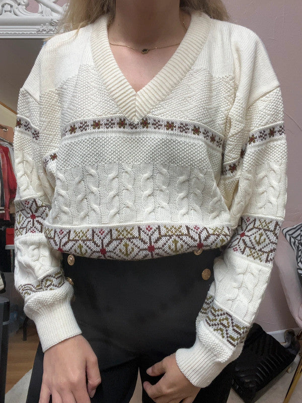 Pull vintage col V - Motifs jacquard