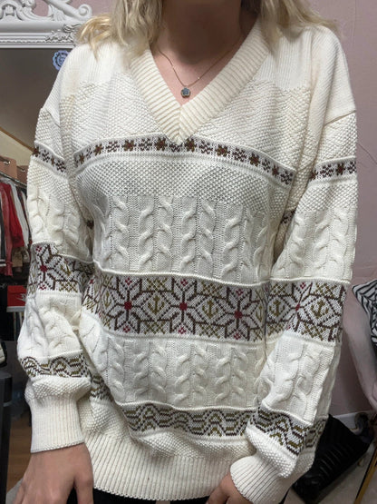 Pull vintage col V - Motifs jacquard