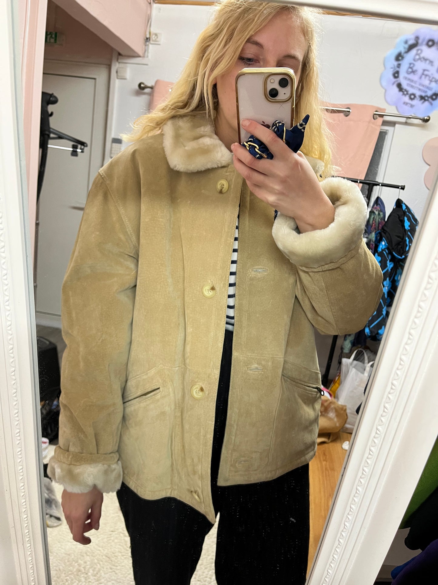 Veste vintage en cuir véritable - Fausse fourrure