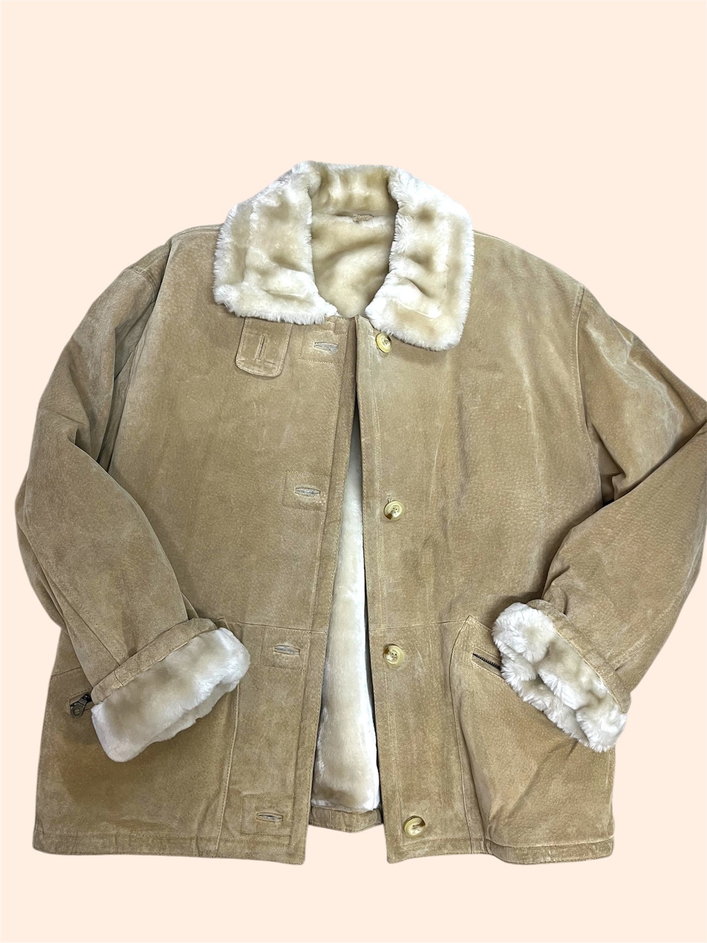 Veste vintage en cuir véritable - Fausse fourrure