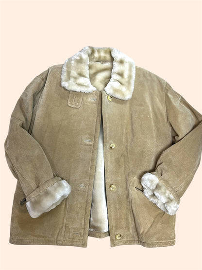 Veste vintage en cuir véritable - Fausse fourrure