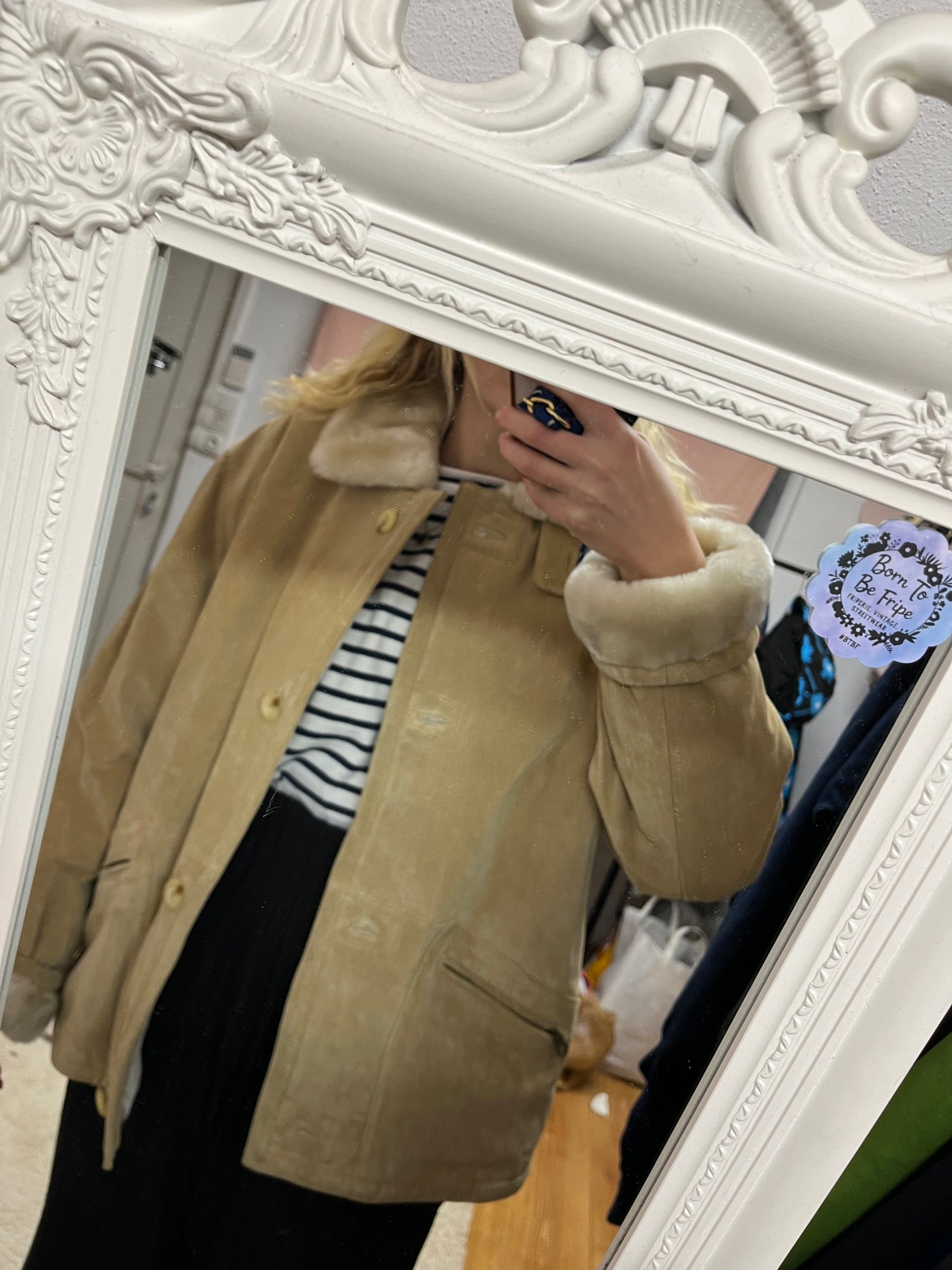Veste vintage en cuir véritable - Fausse fourrure