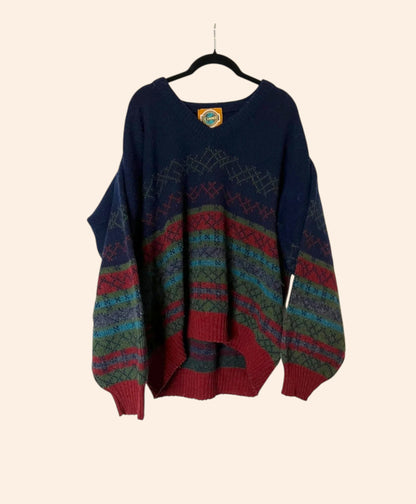Pull vintage col V motifs jacquard