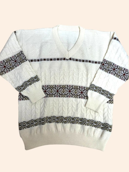 Pull vintage col V - Motifs jacquard