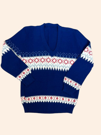 Pull vintage col V - Motifs jacquard